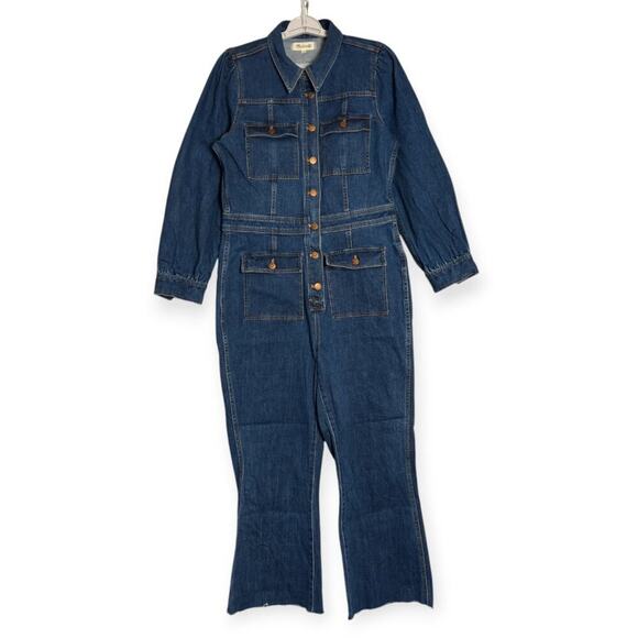 Madewell Denim Long Sleeve Jumpsuit SIZE 8 Indigo Coveralls Cropped CUTOFF HEM - Picture 3 of 15